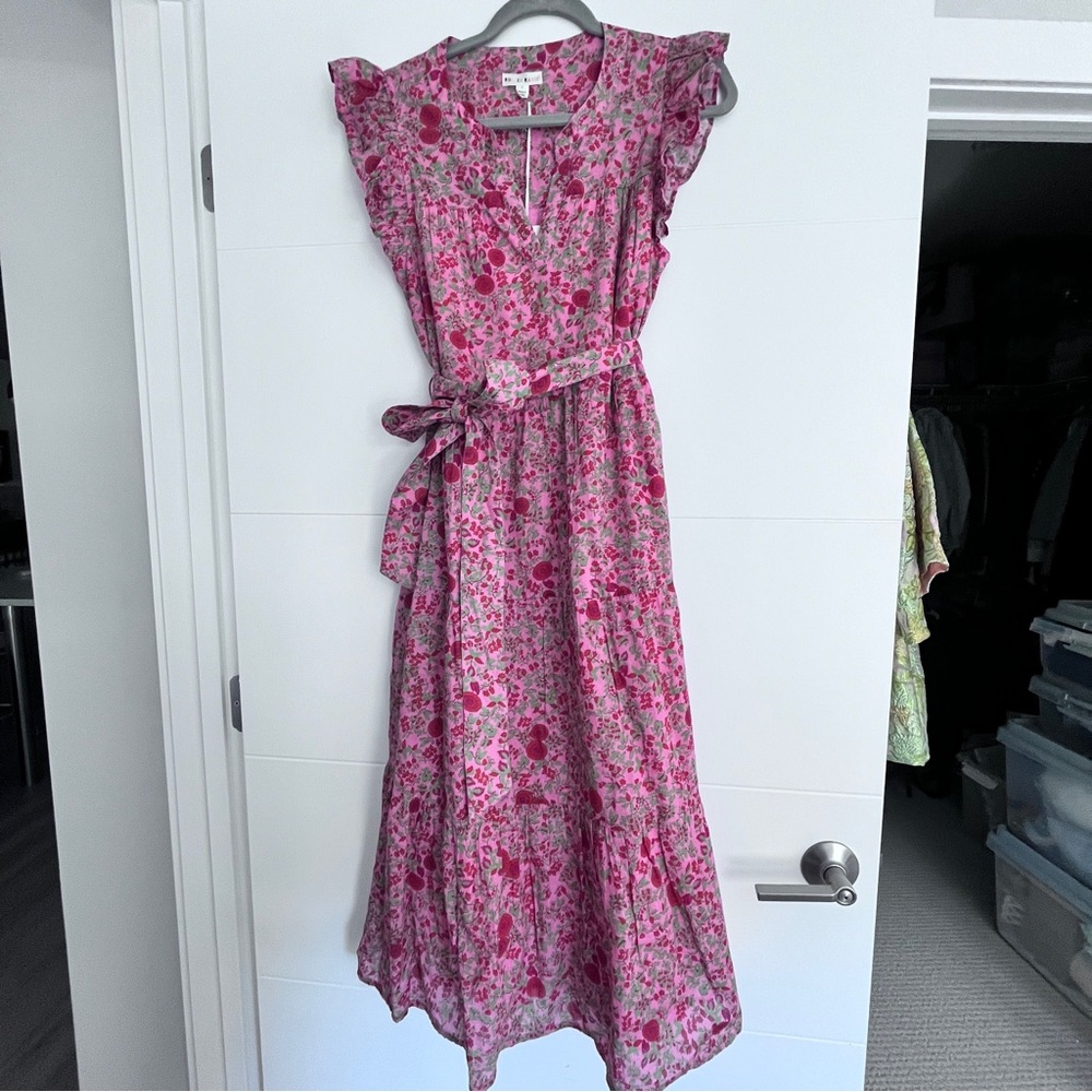 Pink Floral Soft Cotton Maxi Dress with Tie Waist